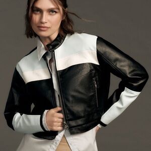 Anthropologie Maeve Cropped Colorblock Biker Jacket Black Motif XS
